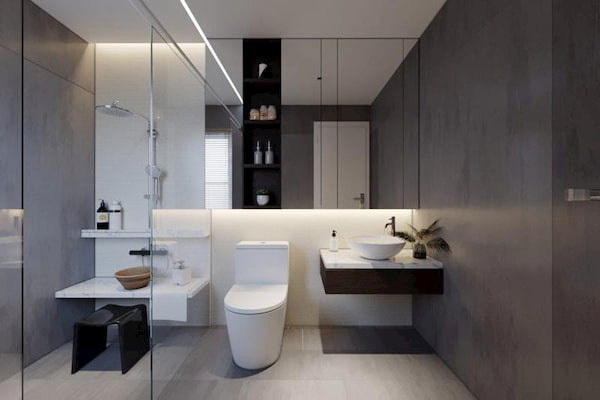 giường ngủ đối diện cửa nhà vệ sinh