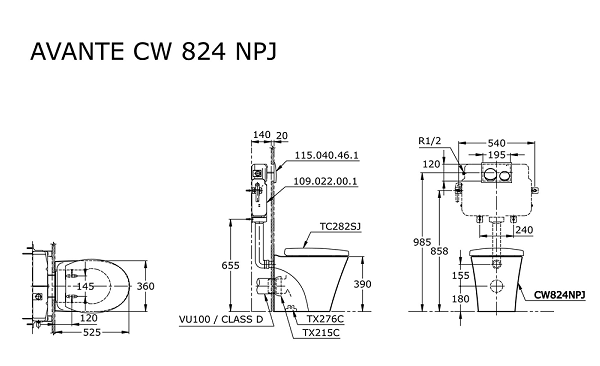 Kích thước lắp đặt bồn cầu treo tường CW824NPJ