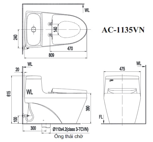 Bản vẽ kỹ thuật Bàn Cầu Inax 1 Khối AC-1135+CW-KB22AVN Nắp Điện Tử