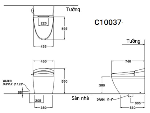 Bản vẽ kỹ thuật Bàn Cầu 1 Khối COTTO C10037 Terranova Cao Cấp