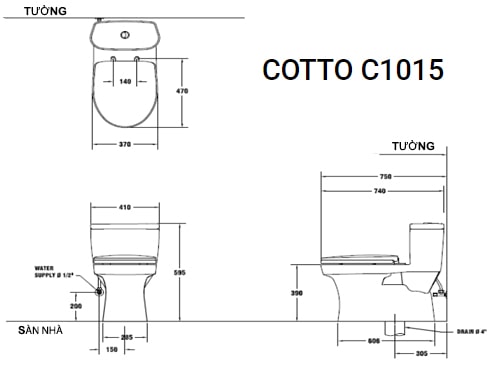 Bản vẽ kỹ thuật Bàn Cầu 1 Khối COTTO C1015 Macc