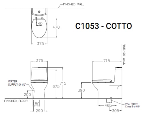 Bản vẽ kỹ thuật Bàn Cầu 1 Khối COTTO C1053 Micc