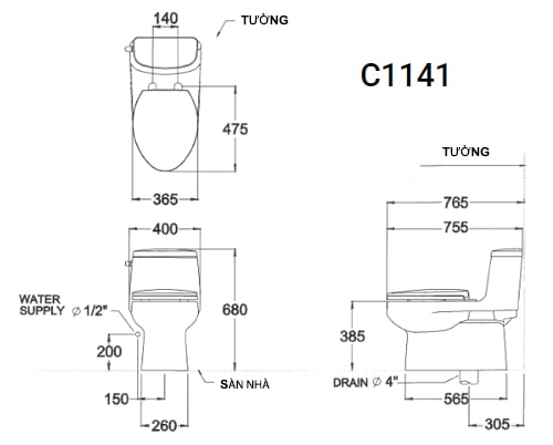 Bản vẽ kỹ thuật Bàn Cầu 1 Khối COTTO C1141 Priz