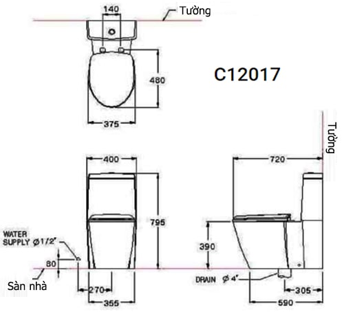 Bản vẽ kỹ thuật Bàn Cầu 2 Khối COTTO C12017 Charisma