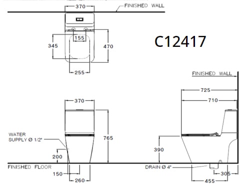 Bản vẽ kỹ thuật Bàn Cầu 2 Khối COTTO C12417 Simply Modish