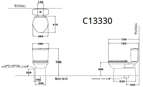 Bản vẽ kỹ thuật Bàn Cầu 2 Khối COTTO C1330 Sella
