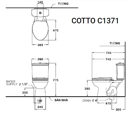Bản vẽ kỹ thuật Bàn Cầu 2 Khối COTTO C1371 Alex II