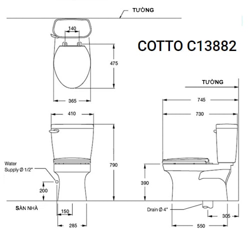 Bản vẽ kỹ thuật Bàn Cầu 2 Khối COTTO C13882 Titan