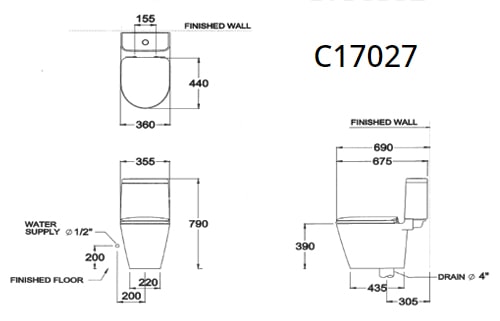 Bản vẽ kỹ thuật Bàn Cầu 2 Khối COTTO C17027 Space Solution