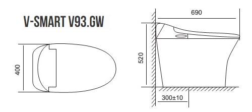 Bản vẽ kỹ thuật Bàn Cầu Thông minh 1 khối Viglacera V93.GW Nắp Điện tử