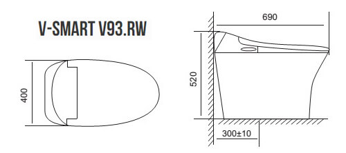 Bản vẽ kỹ thuật Bàn Cầu Thông minh 1 khối Viglacera V93.RW Nắp Điện tử