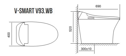 Bản vẽ kỹ thuật Bàn Cầu Thông minh 1 khối Viglacera V93.WB Nắp Điện tử