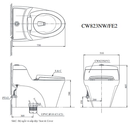 Bản vẽ kĩ thuật Bàn Cầu TOTO 1 Khối CW823NW/FE2 Nắp Cơ
