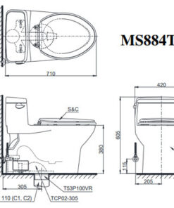 Bản vẽ kỹ thuật Bàn Cầu TOTO 1 Khối MS884T2 Nắp Đóng Êm