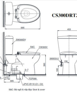 Bản vẽ kỹ thuật Bàn Cầu TOTO 2 Khối CS300DRT2 Nắp Đóng Êm