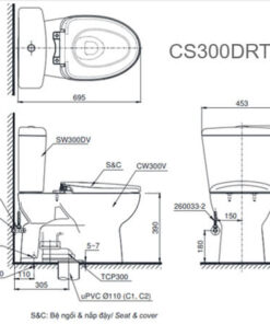Bản vẽ kỹ thuật Bàn Cầu TOTO 2 Khối CS300DRT3 Nắp Đóng Êm