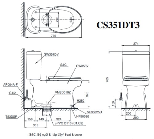Bản vẽ kỹ thuật Bàn Cầu TOTO 2 Khối CS351DT3 Nắp Đóng Êm