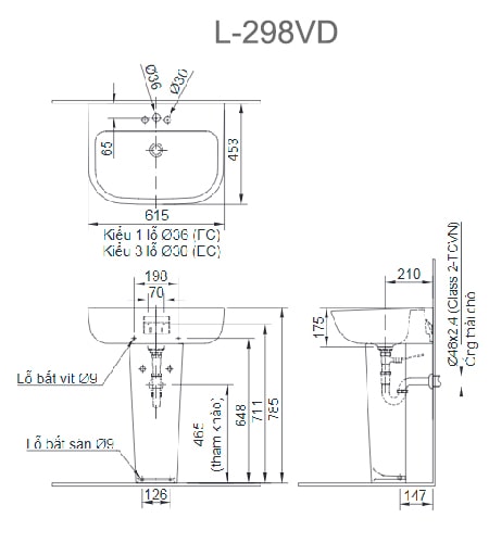 Bản vẽ kỹ thuật Chân Dài Lavabo INAX L-298VD