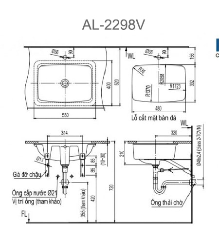 Bản vẽ kỹ thuật Chậu Rửa Lavabo Âm Bàn INAX AL-2298V