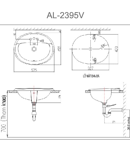 Bản vẽ kỹ thuật Chậu Rửa Lavabo Dương Vành INAX AL-2395V