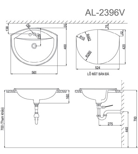 Bản vẽ kỹ thuật Chậu Rửa Lavabo Dương Vành INAX AL-2396V