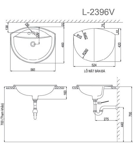 Bản vẽ kỹ thuật Chậu Rửa Lavabo Dương Vành INAX L-2396V