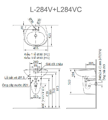 Bản vẽ kỹ thuật Chậu Rửa Lavabo Treo Tường chân ngắn INAX L-284V+L284VC