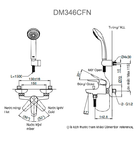 Bản vẽ kỹ thuật Vòi Sen Tắm TOTO DM346CFN Nóng Lạnh