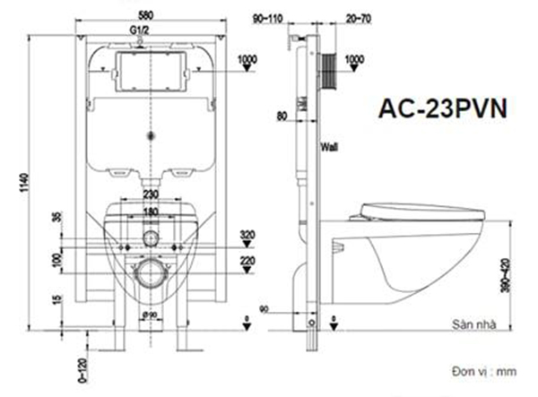 Bản vẽ bồn cầu Inax Treo Tường AC-23P+CW-S15VN Nắp Cơ