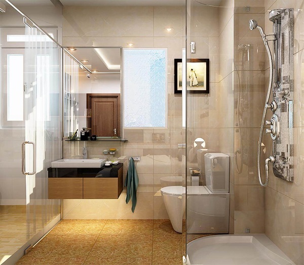 Sự kết hợp hài hòa về màu sắc tạo nên không gian sáng màu là điểm cộng giúp phòng tắm nhỏ trông rộng và thoáng hơn