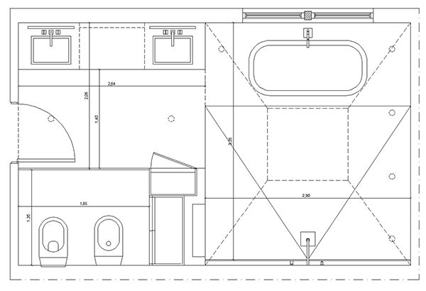  Căn cứ vào hình dạng của phòng tắm lên thiết kế