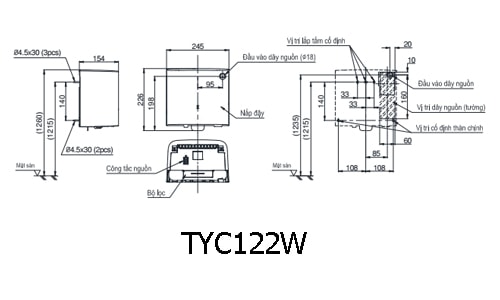 Bản vẽ kỹ thuật Máy Sấy Tay TOTO TYC122W