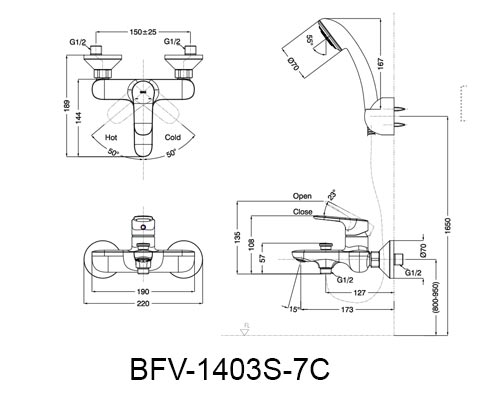 Bản Vẽ Kỹ Thuật Vòi Hoa Sen Inax BFV-1403S-7C Nóng Lạnh