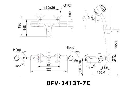 Vòi Sen Tắm Nhiệt Độ Tăng Áp Inax BFV-3413T-7C Nóng Lạnh