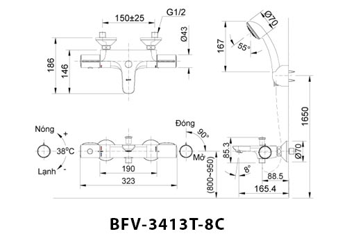 Vòi Sen Tắm Nhiệt Độ Tăng Áp Inax BFV-3413T-8C Nóng Lạnh